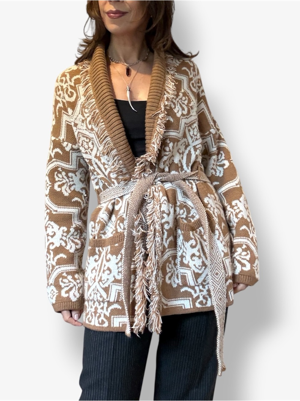 Akemi + Kin Anthropologie Fringed Intarsia Cardigan in Camel Brown
